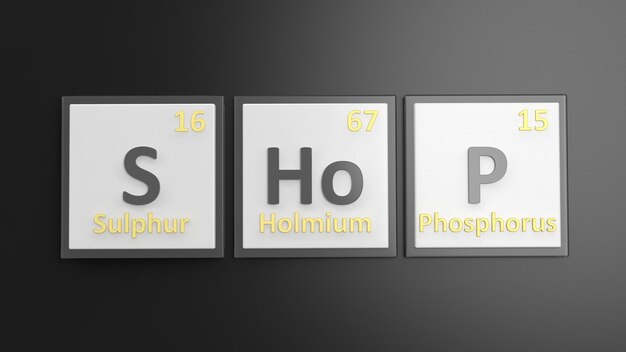 Periodensystem der Elementsymbole, die zur Bildung des Wortes Shop verwendet werden, isoliert auf Schwarz