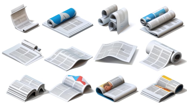 Foto el periódico en ilustración 3d tiene bordes curvos es una publicación con titulares en las páginas elementos de diseño han sido aislados en un estilo de dibujos animados de plástico sobre un fondo blanco y hay