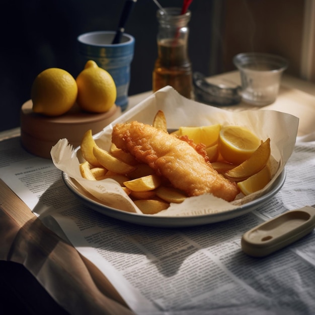 Un periódico con pescado y papas fritas.