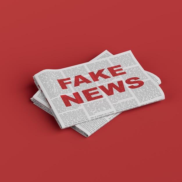 Un periódico plegado con el titular NOVES FALSE en letras rojas en negrita Rendering en 3D