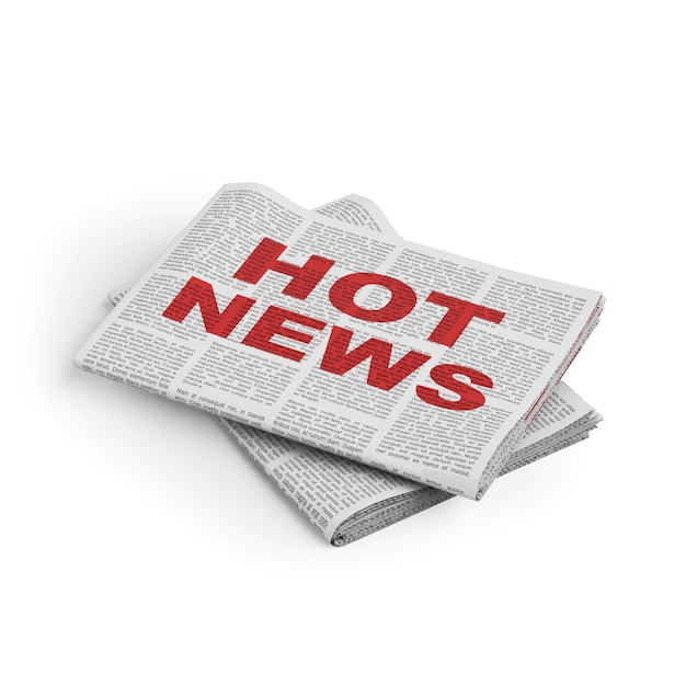 Un periódico plegado con el título de HOT NEWS en letras rojas en negrita Rendering 3d