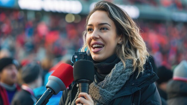 Foto una periodista deportiva transmitiendo en vivo en el estadio con los aficionados detrás celebrando la diversidad en el día internacional del periodista deportivo día mundial del periodismo deportivo 2 de julio