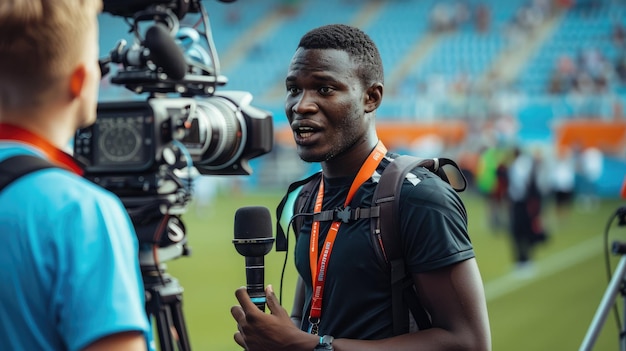 El periodista deportivo entrevista al atleta en el campo con el equipo capturando la esencia de los informes en el Día Internacional del Periodista Deportivo Día Mundial del Periodista deportivo 2 de julio