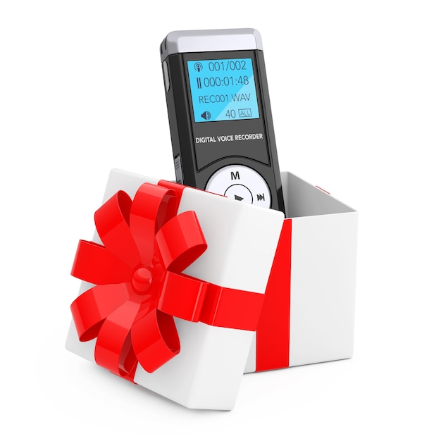 Periodista grabadora de voz digital o dictáfono sale de la caja de regalo con cinta roja sobre un fondo blanco. Representación 3D