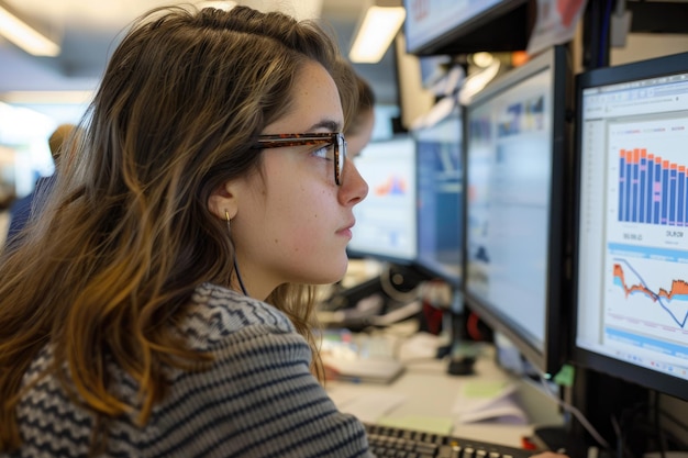 Una periodista mira datos cuantitativos en una pantalla de computadora en una sala de redacción