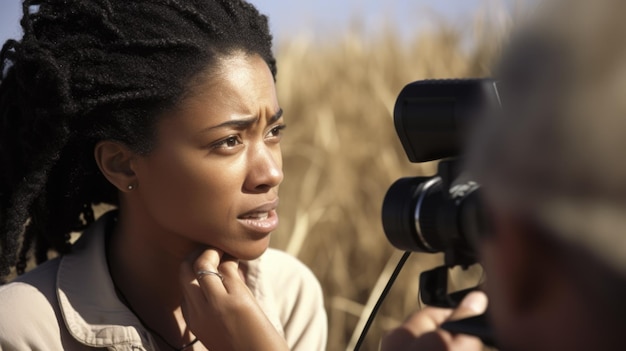 Periodista Mujer afroamericana Adulto joven Entrevistando a alguien en el campo en Aire libre IA generativa AIG22