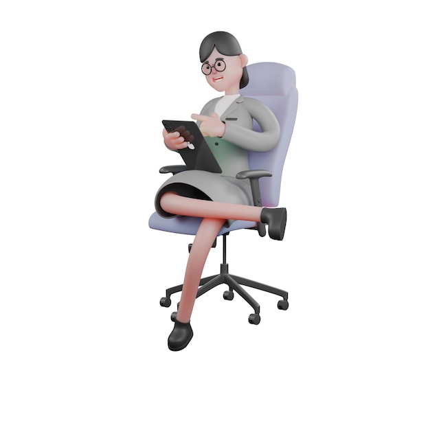 Una periodista se sienta en una silla de juego con su mano izquierda sosteniendo una tableta News Writing Cartoon