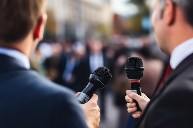 Foto periodista de televisión con micrófono haciendo una entrevista de prensa con un hombre de negocios irreconocible