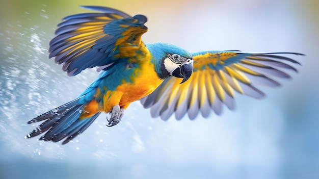 El periquito azul volando sobre la superficie del agua con un fondo colorido