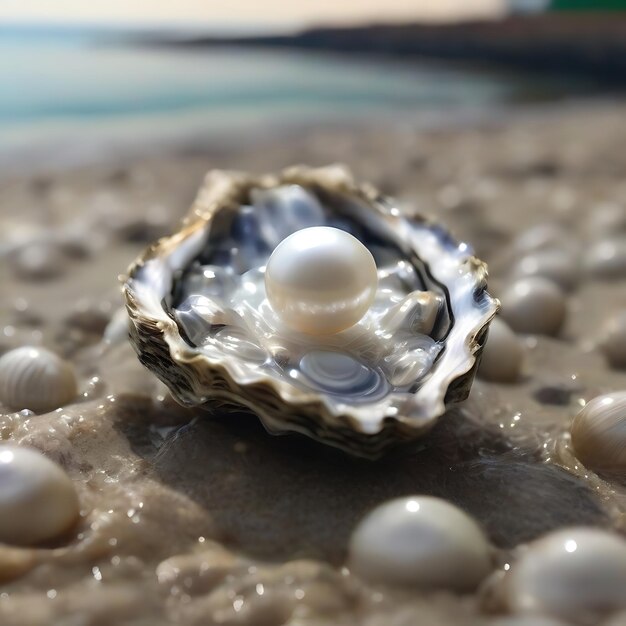 Perla aberta numa ostra na praia A imagem é uma IA cinematográfica