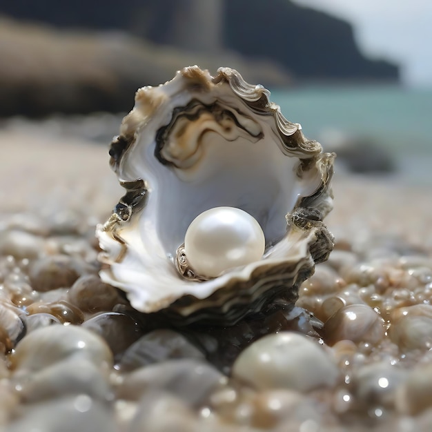 Perla abierta en una ostra en la orilla de la mar La imagen es IA cinematográfica