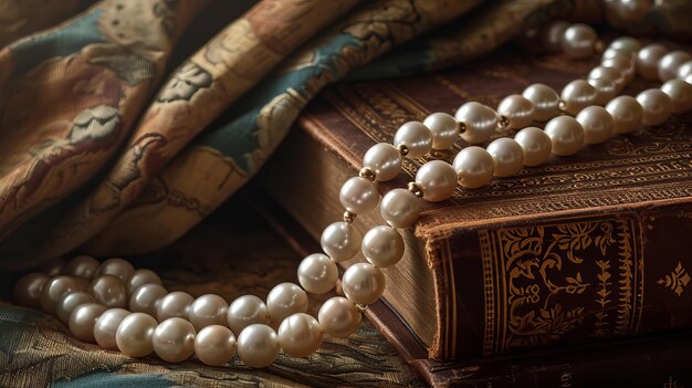 Las perlas clásicas descansan en un libro ornamentado del mundo antiguo en un entorno cálido