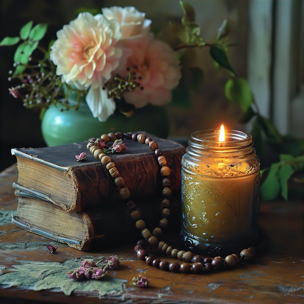 Perlas de oración con flores de libro y vela