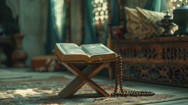Foto perlas de oración islámicas con el corán en un soporte de libros de madera