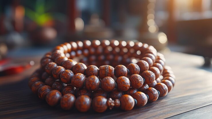 Perlas de oración de madera apiladas en un círculo en una superficie de madera oscura