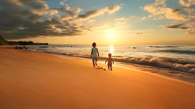pernas de bebê caminham ao pôr do sol na praia areia raios de sol iluminam ondas de água do mar nas férias de verão