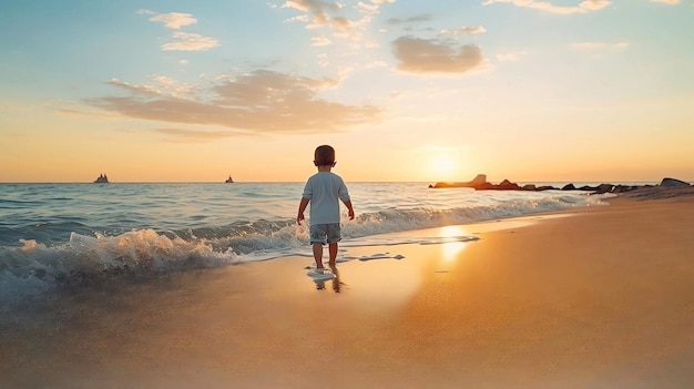 pernas de bebê caminham ao pôr do sol na praia areia raios de sol iluminam ondas de água do mar nas férias de verão