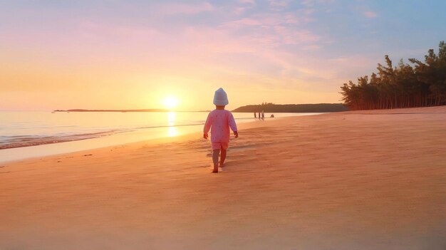 pernas de bebê caminham ao pôr do sol na praia areia raios de sol iluminam ondas de água do mar nas férias de verão