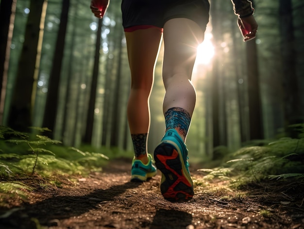 Pernas de corredores na trilha da floresta Fitness e conceito de vitalidade Ai gerado