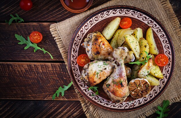 Pernas de frango assadas com fatias de batatas e ervas.