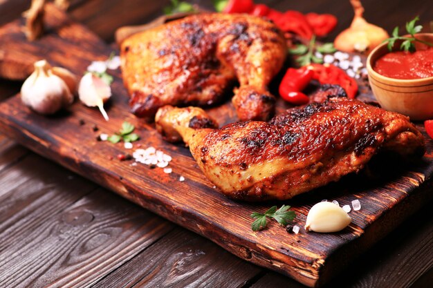 Pernas de frango assadas com temperos e vegetais