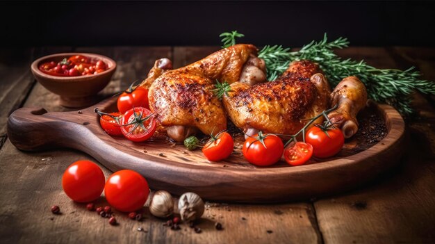 Pernas de frango assadas douradas apetitosas e tomates cereja servidos em uma mesa de madeira comida deliciosa gen