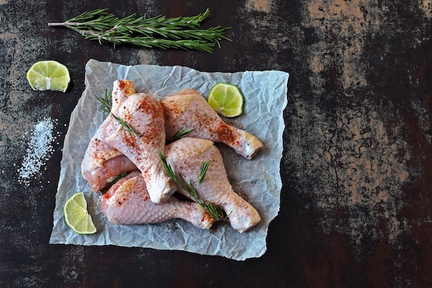 Pernas de frango cru com especiarias e alecrim no papel.