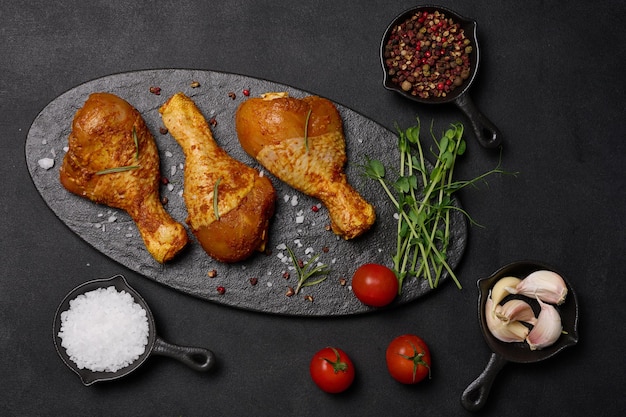 Pernas de frango cru em especiarias em uma vista superior do quadro negro Cozinhar com especiarias