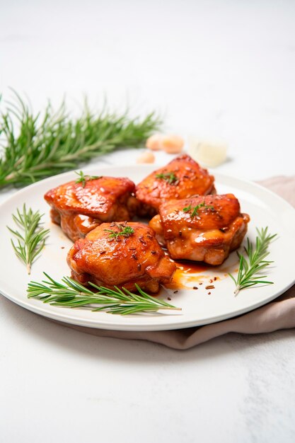 Pernas de frango fritas em um prato branco em um fundo culinário leve Comida rápida