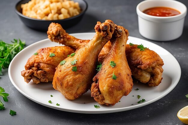 Pernas de frango fritas num prato branco