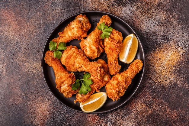 Pernas de frango frito com limão e salsa. Vista do topo