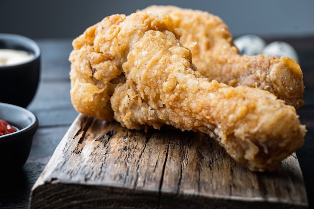 Pernas de frango frito crocante, partes de coxinha na mesa de madeira escura.