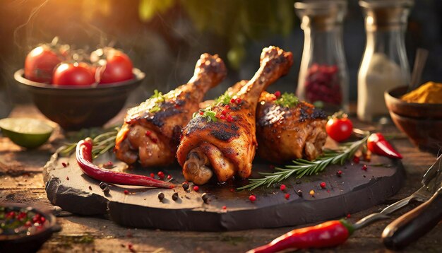 Pernas de frango grelhadas com vegetais e especiarias em uma tábua de madeira