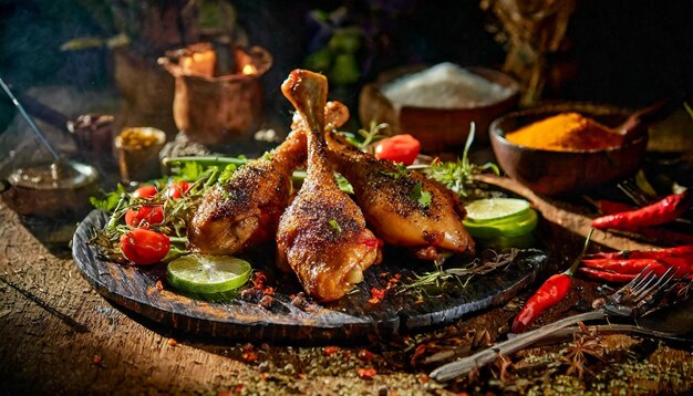 Pernas de frango grelhadas com vegetais e especiarias em uma tábua de madeira