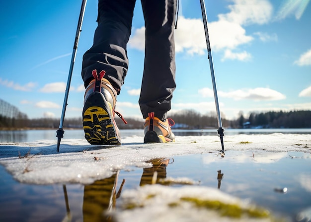 Pernas de homem em tênis de trekking caminhando em um dia ensolarado ao longo da estrada usando postes de caminhada nórdicos