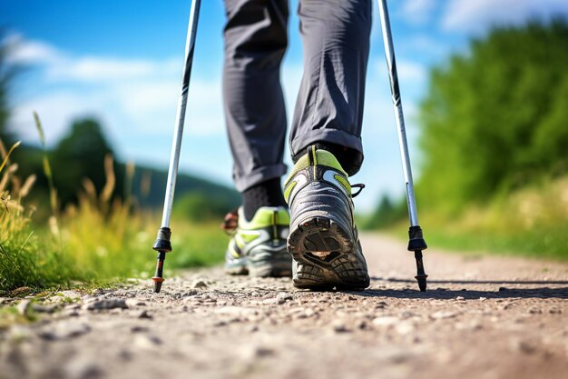 Pernas de homem em tênis de trekking caminhando em um dia ensolarado ao longo da estrada usando postes de caminhada nórdicos