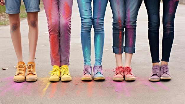 Foto pernas de jovens com sapatos de pé na fila