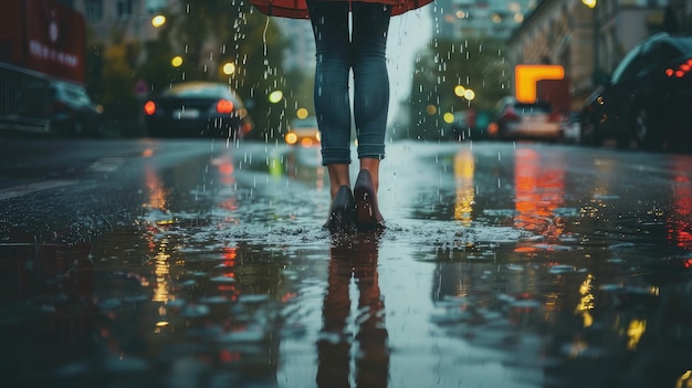 Foto pernas de mulher caminhando em poças enquanto chove na cidade