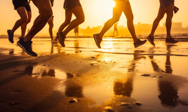 Pernas de poucas pessoas correndo pela praia de areia molhada paisagem urbana em pano de fundo à luz do sol conceito de vida esportiva ia generativa