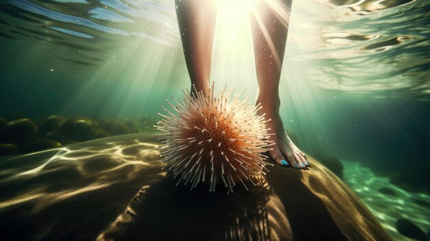 Foto pernas de turista pisam no ouriço-do-mar vista subaquática das pernas da mulher perto do ouriço-do-mar no fundo do mar conceito de lesão de ouriço-do-mar nadando no mar em lugares errados fêmea andando perto do ouriço-do-mar ia generativa