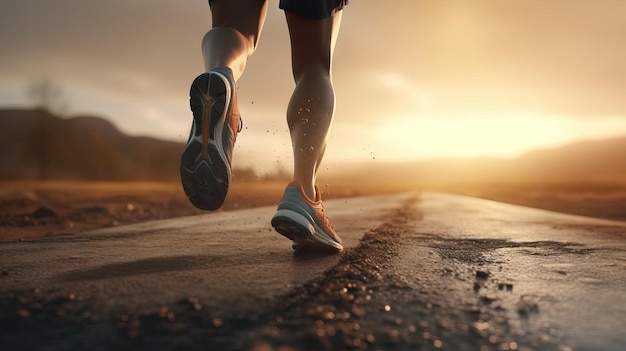 Pernas de um corredor na estrada ao pôr do sol Ação esportiva e conceito de desafio humano Treinamento para perder