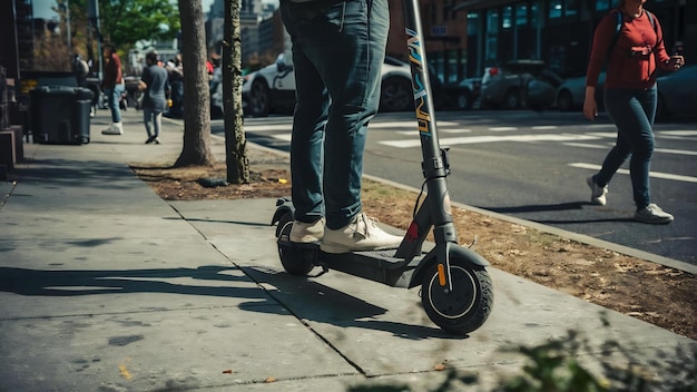 Pernas de um homem de pé em uma scooter estacionada na calçada