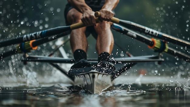 Pernas de um remador num barco de corrida O remador está a usar sapatos e meias pretas