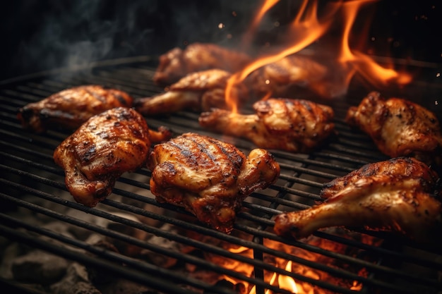 Pernas e asas de frango na grelha com chamas geradas por IA