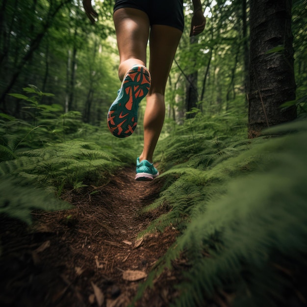 Pernas e sapatos do corredor de trilha na floresta exuberante