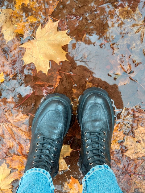 Pernas em botas nas folhas de outono molhadas