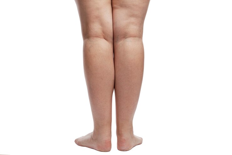 Pernas femininas com celulite, veias e excesso de peso.