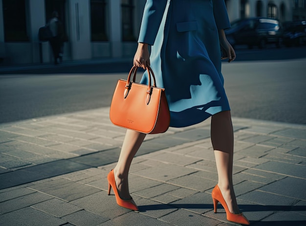 Pernas femininas em sapatos laranja Sapatos laranja brilhante e bolsa Elegante garota magra em casaco quente azul macio vestido cinza quente e saltos altos andando na rua molhada e chuvosa