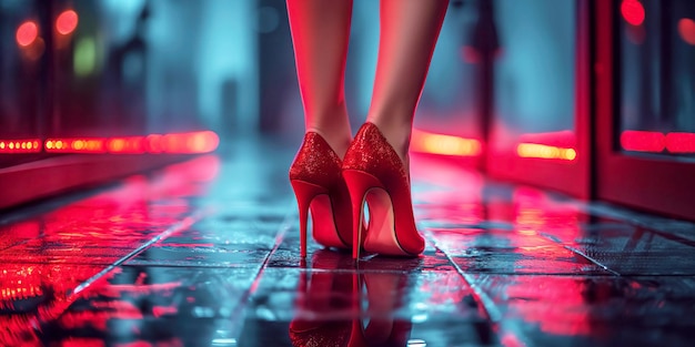 pernas femininas em sapatos vermelhos de salto alto de mulher prostituta na rua