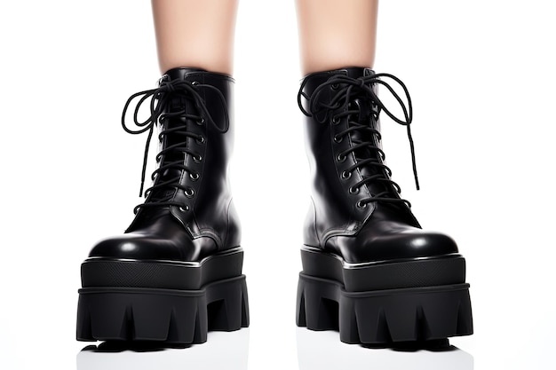 Foto pernas femininas invertidas com modernas botas de combate militar em plataforma alta isoladas em fundo branco